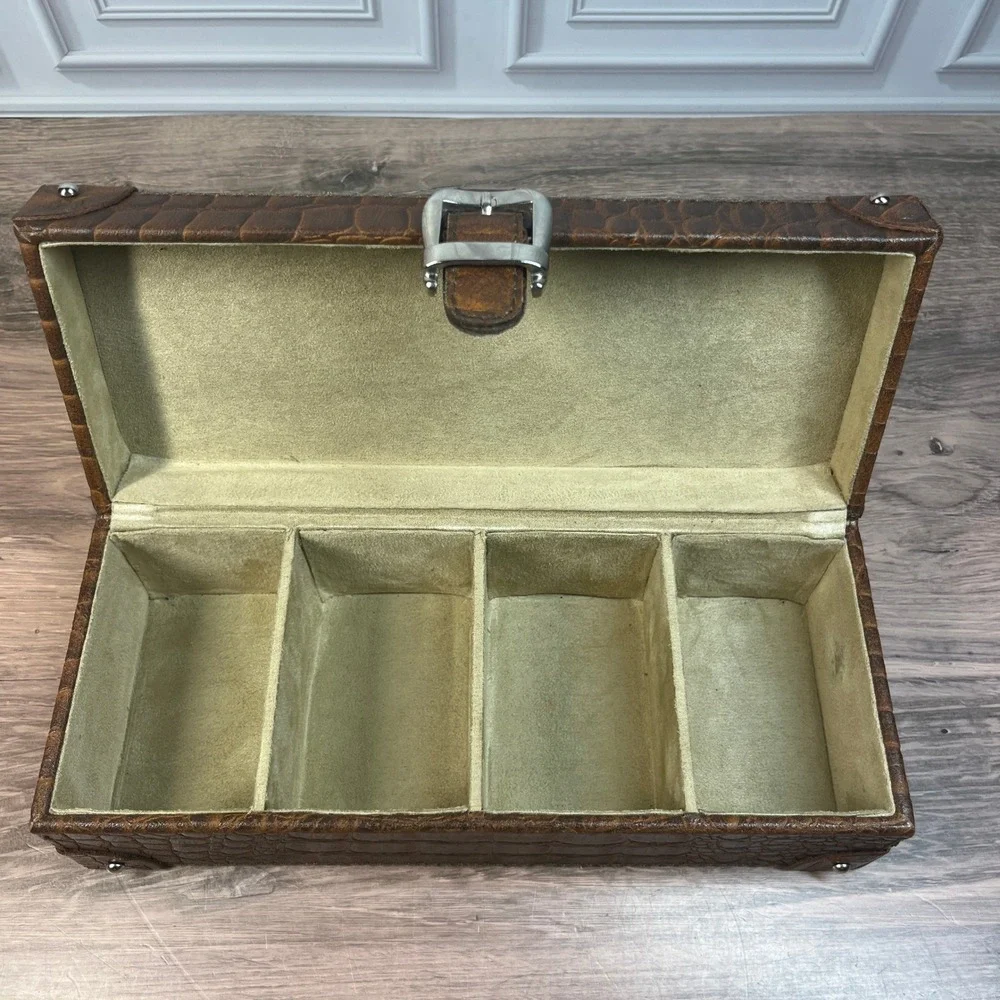 Watch Box Brown Faux Croc Embossed 4-Slot Travel Accessory Case Organizer